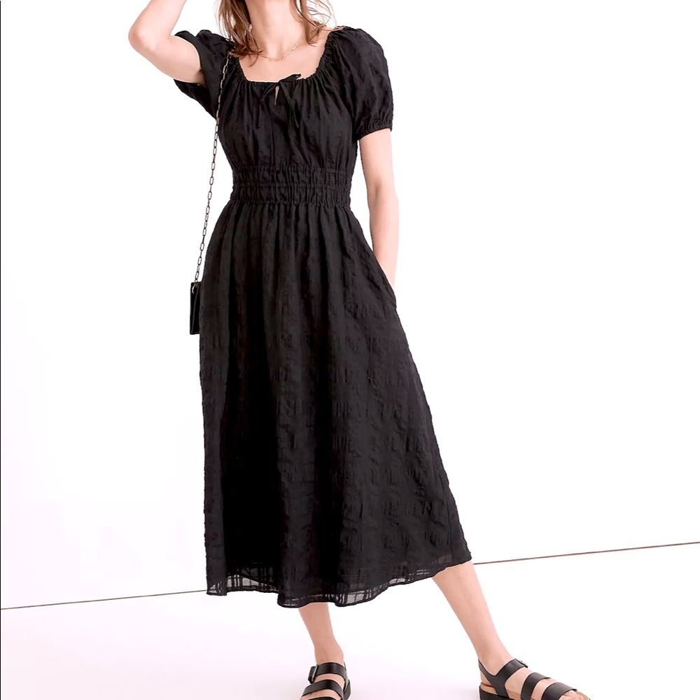 Madewell Sophia Midi Dress in Searsucker Check, Black Size Medium